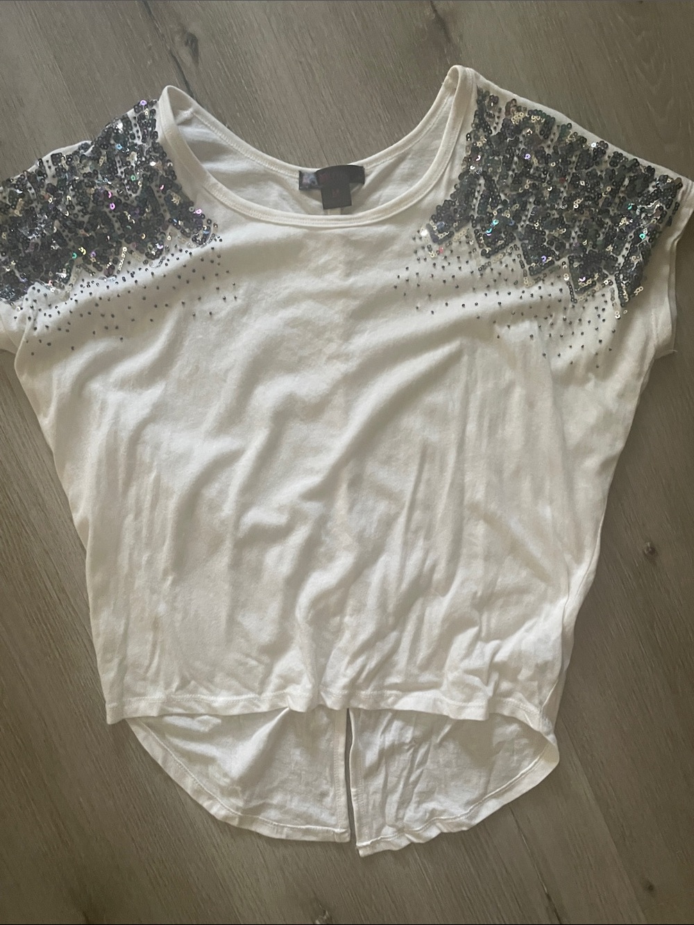 White Sequin Sleeve | Button Down Back | High Low Top | Size Medium